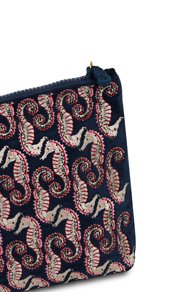Seahorse Embroidered Wet Bikini Pouch Navy