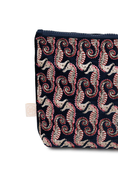 Seahorse Embroidered Wet Bikini Pouch Navy