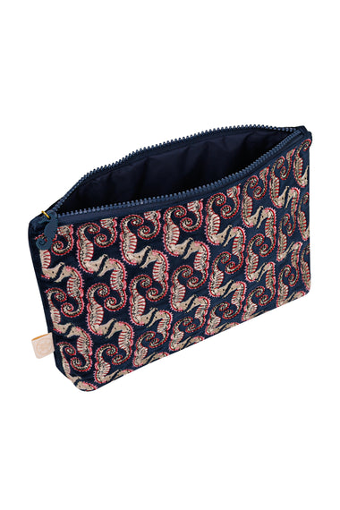 Seahorse Embroidered Wet Bikini Pouch Navy
