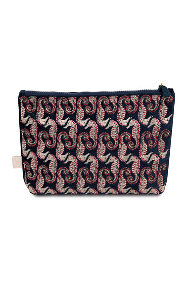 Seahorse Embroidered Wet Bikini Pouch Navy