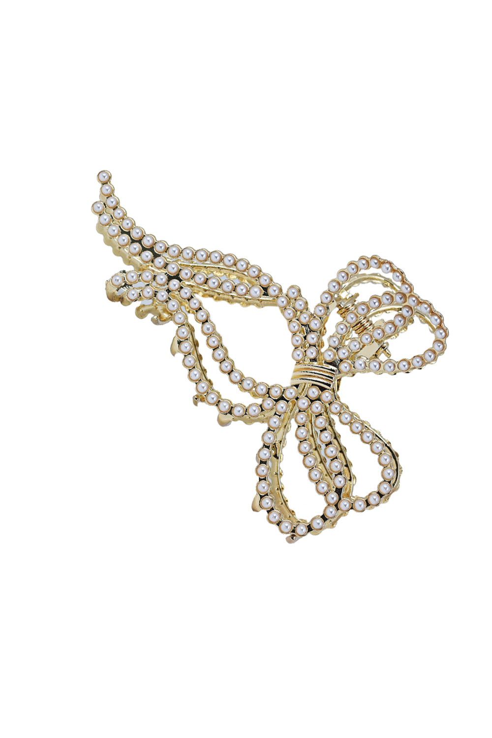 Load image into Gallery viewer, Gold Ribbon Pearl Hair Claw Clip

