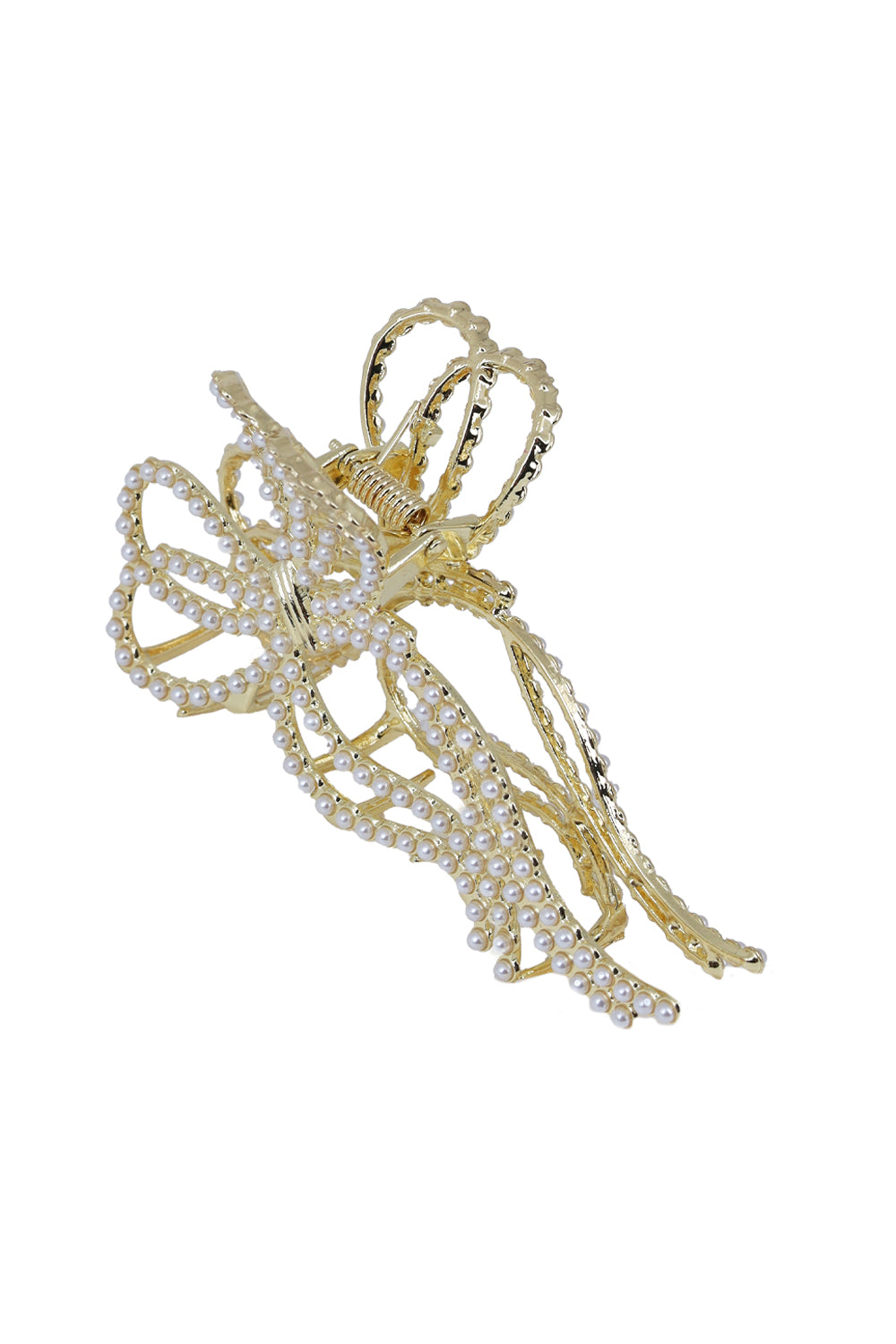 Load image into Gallery viewer, Gold Ribbon Pearl Hair Claw Clip
