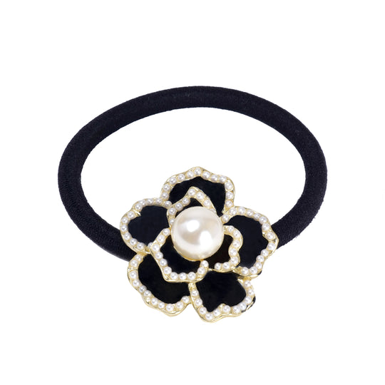 Korean Fashion Elastic Black Hair Tie- Black Flower