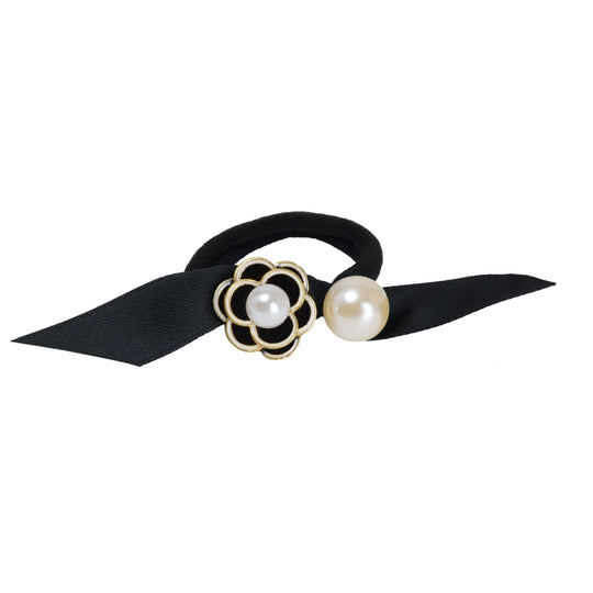 Korean Fashion Elastic Black Hair Tie- White Pearl