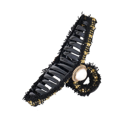 Camellia Hair Claw Clips Black/Gold - White Pearl