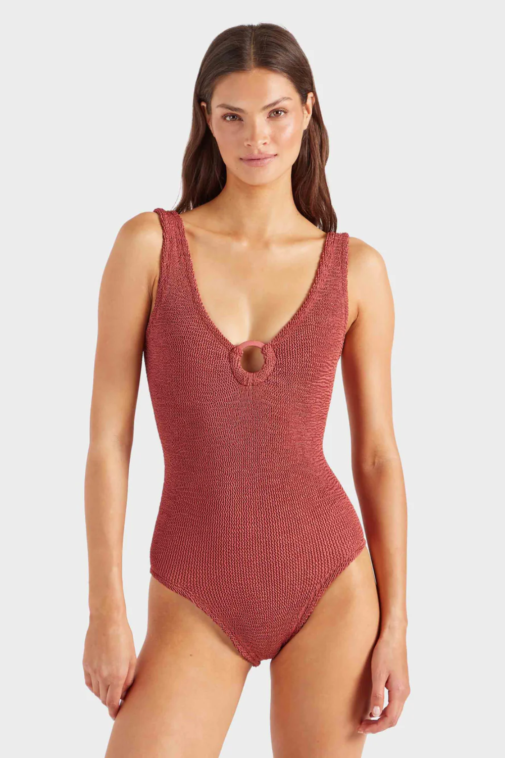 Load image into Gallery viewer, Coverage Celine Swim with Fabric Covered Hoops Metallic Rosewood
