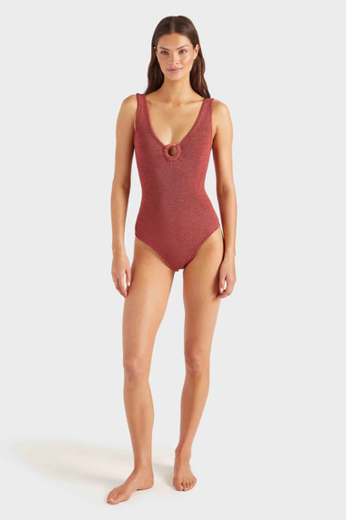Coverage Celine Swim with Fabric Covered Hoops Metallic Rosewood