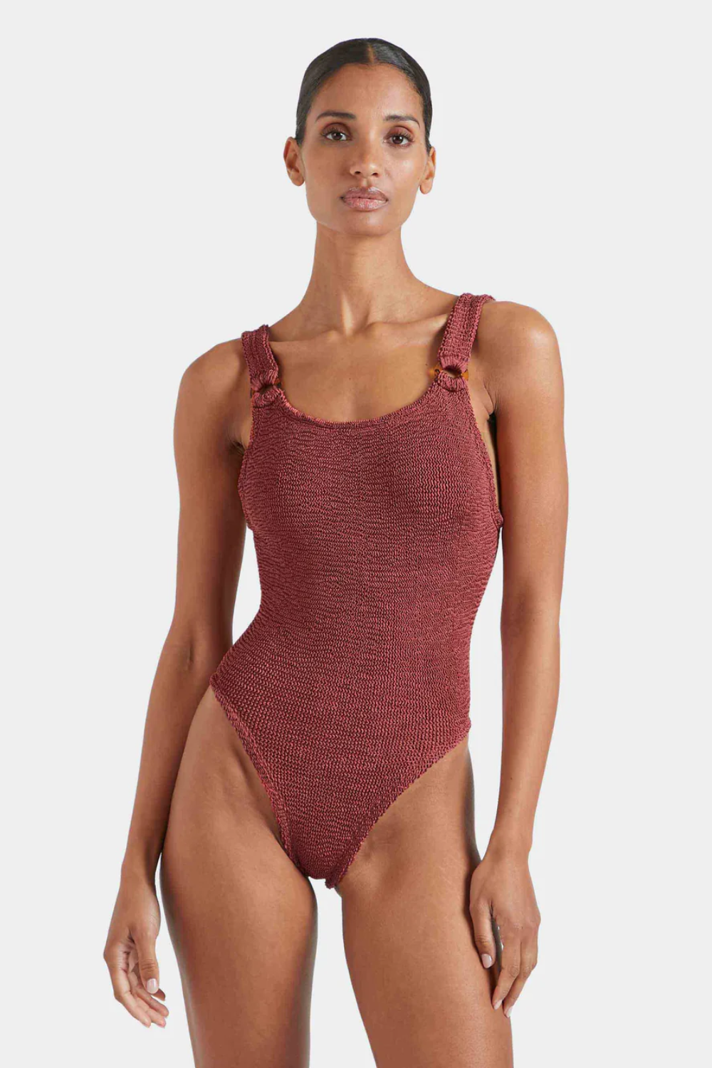 Load image into Gallery viewer, Domino Swim With Fabric Covered Hoops Metallic Rosewood
