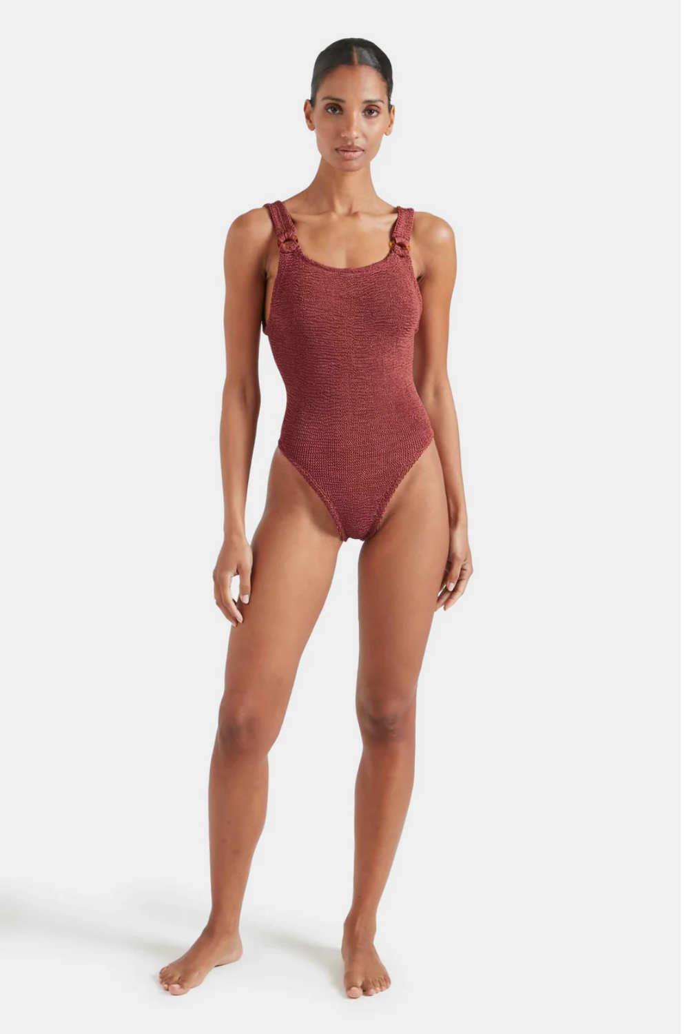 Load image into Gallery viewer, Domino Swim With Fabric Covered Hoops Metallic Rosewood
