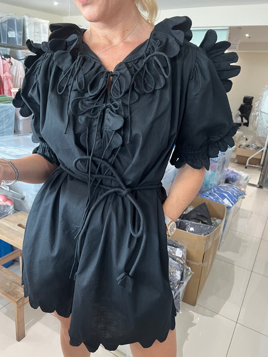 Maja Scallop Plain Mini Dress Black