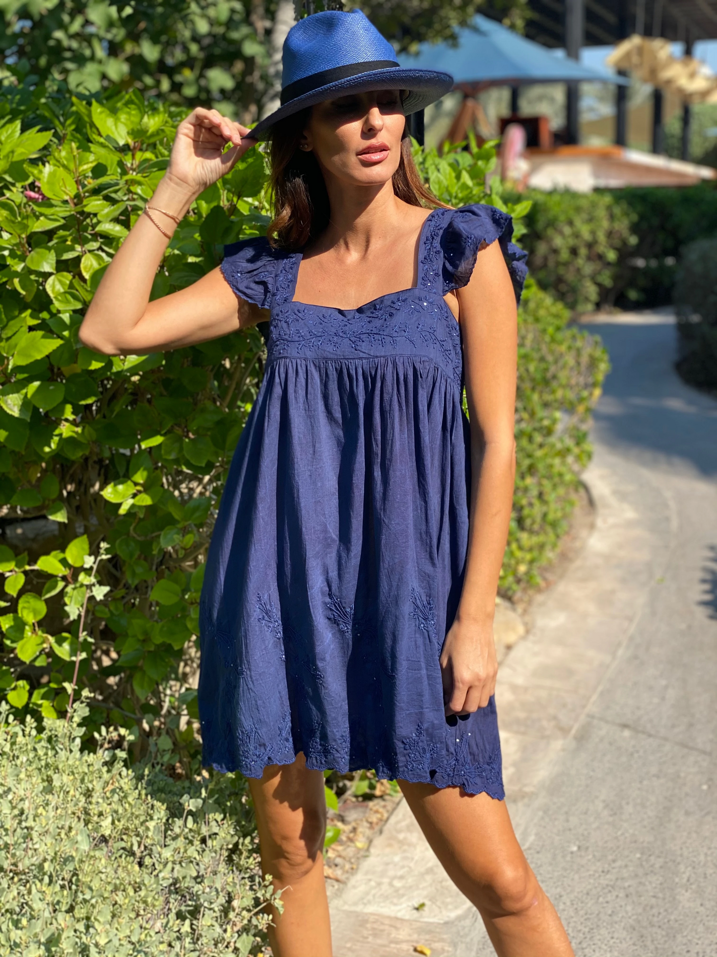 Load image into Gallery viewer, Acid Wash Baby Doll Dress With Tonal Lotus Embroidery Indigo - Dress
