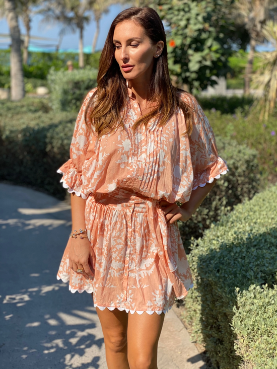 Blouson Dress In Palladio Block Print Jaipur Pink