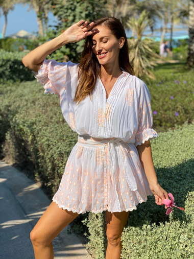 Blouson Dress: Rose & Ric Rac Trim with Neon Orange Slip - Dress