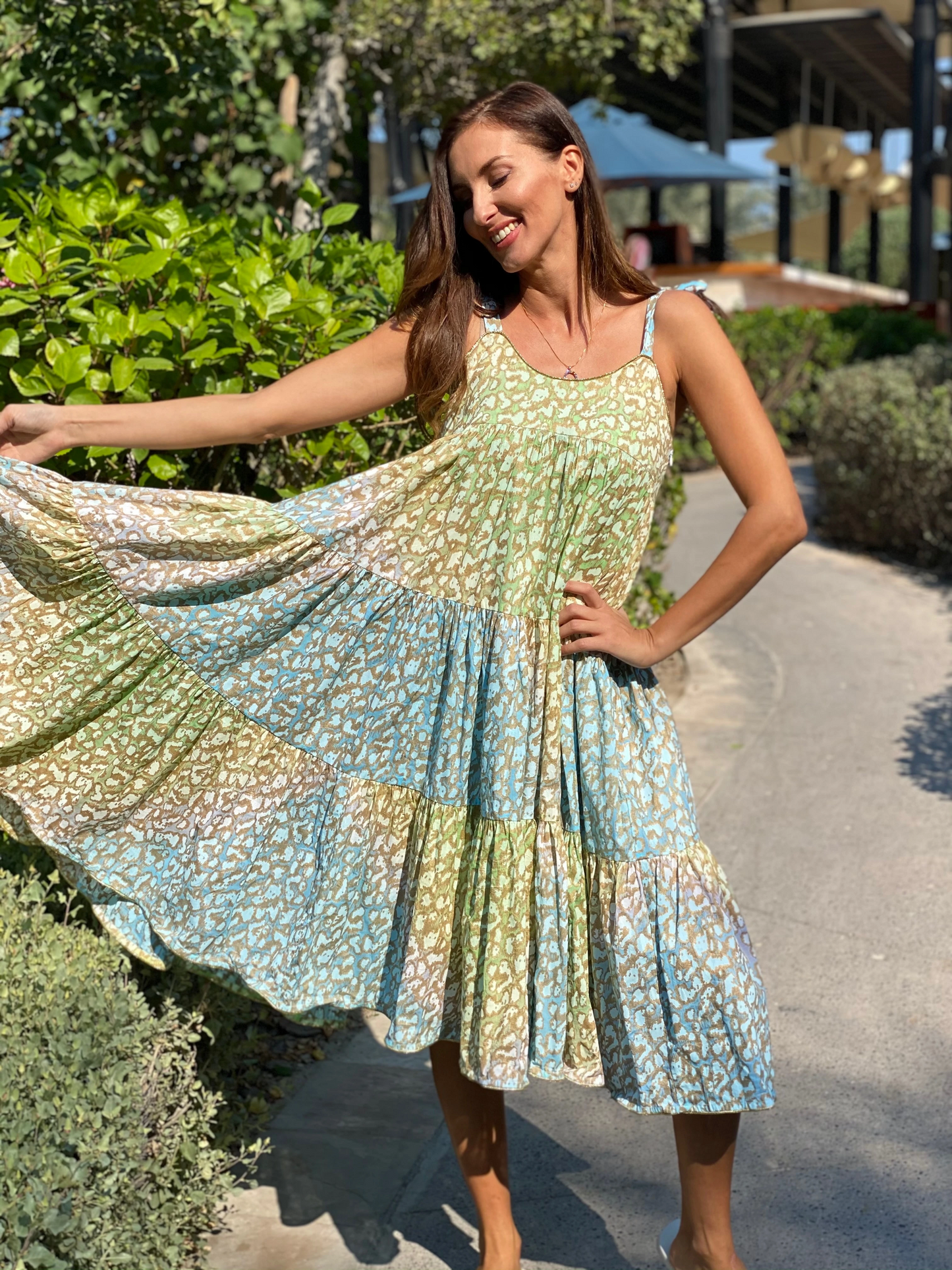 Tie Dye 70's Sun Dress With Snow Leopard Print Green Lime/Turq