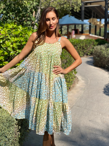 Tie Dye 70’s Sun Dress With Snow Leopard Print Green Lime/Turq - Dress