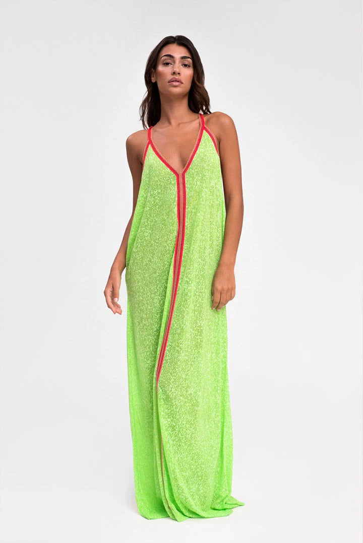 Lime Green Beach Cover Up - Pitusa Inca Sundress with Red Trim