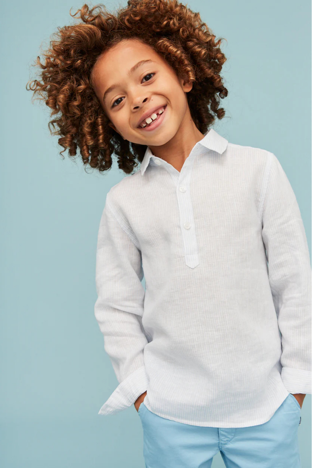Load image into Gallery viewer, Kaftan Linen Shirt Light Blue Stripes
