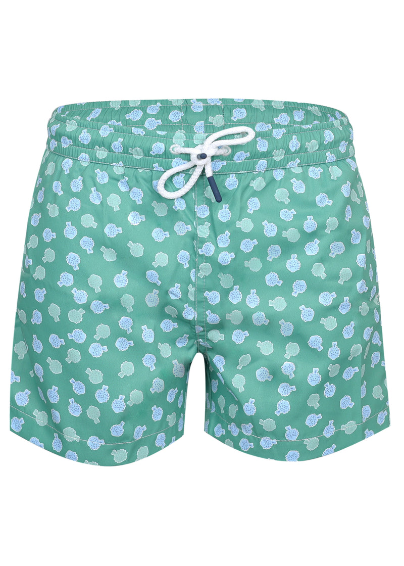 Men Swim Short Sage Green Puffer Fish