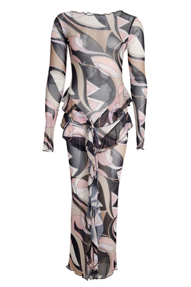 Mesh V Frill Dress Black Nude