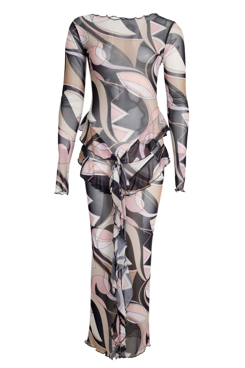 Mesh V Frill Dress Black Nude