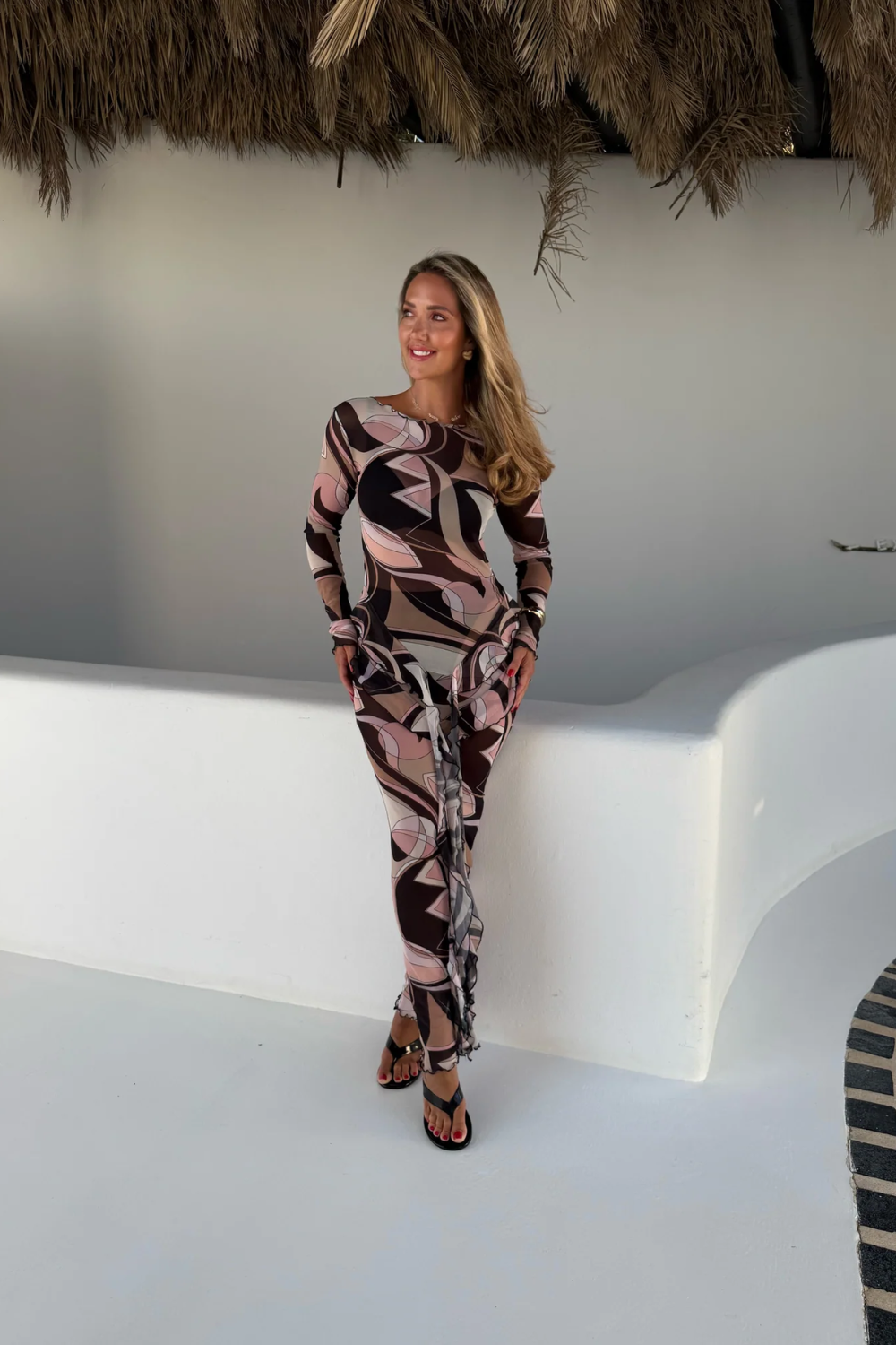Load image into Gallery viewer, Mesh V Frill Dress Black Nude
