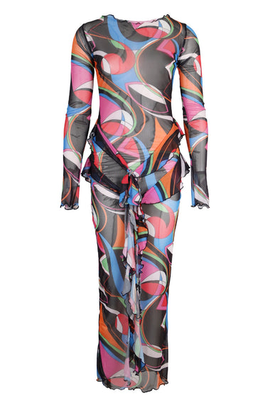Mesh V Frill Dress Black Multi