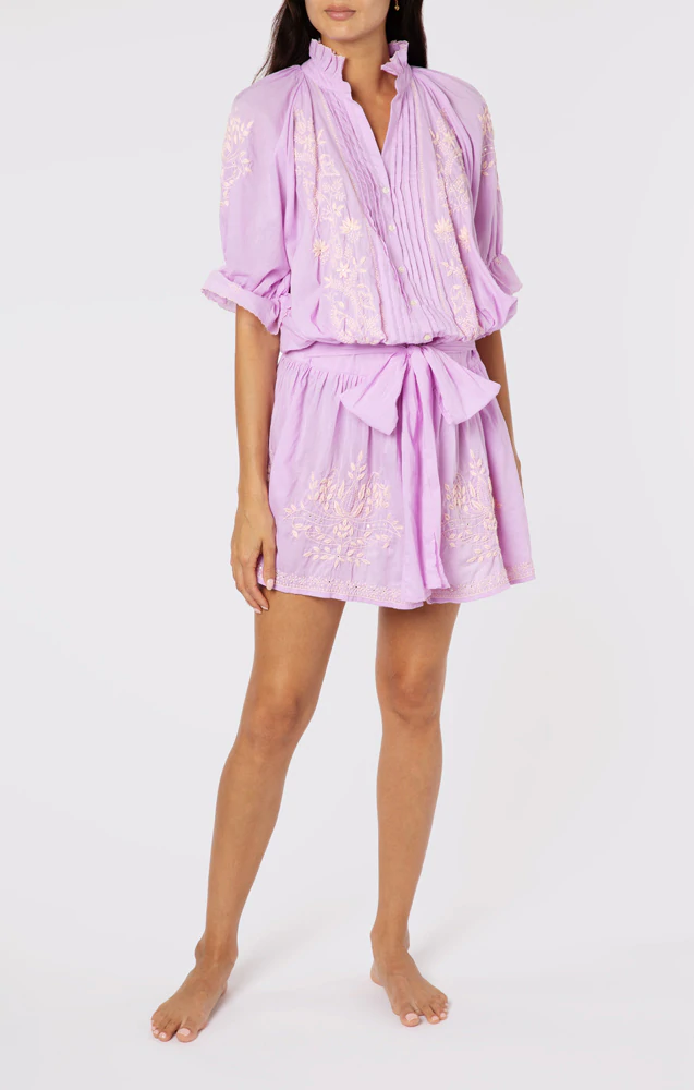Blouson Dress With Contrast Lotus Embroidery With Slip Lilac/Pale Pink