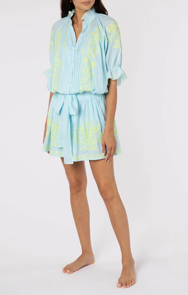 Blouson Dress With Contrast Lotus Embroidery With Slip Turq Pistachio - Dress