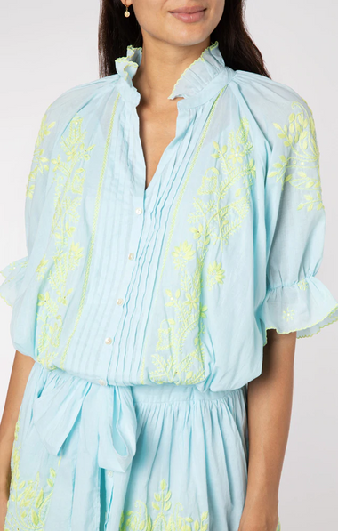 Blouson Dress With Contrast Lotus Embroidery With Slip Turq Pistachio - Dress