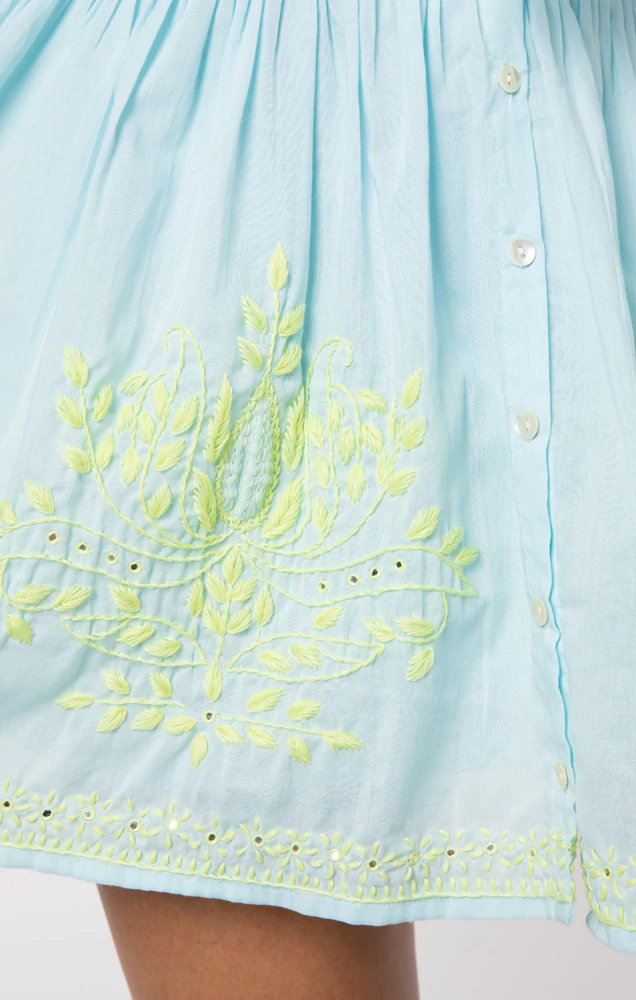 Load image into Gallery viewer, Blouson Dress With Contrast Lotus Embroidery With Slip Turq Pistachio - Dress
