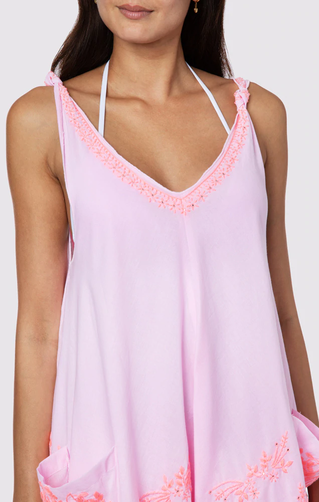 Load image into Gallery viewer, Low Back Swing Dress With Contrast Lotus Embroidery Pale Pink/Neon Peach
