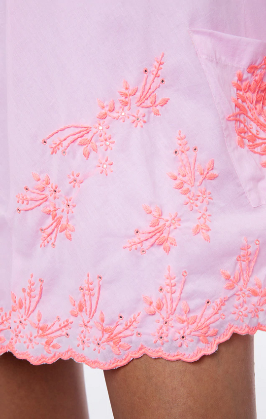 Low Back Swing Dress With Contrast Lotus Embroidery Pale Pink/Neon Peach