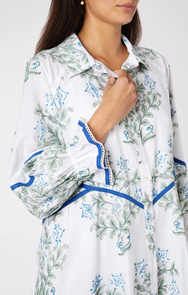 Raglan Shirt Dress In Japanese Flower Print-Slip White/Blue/Sage