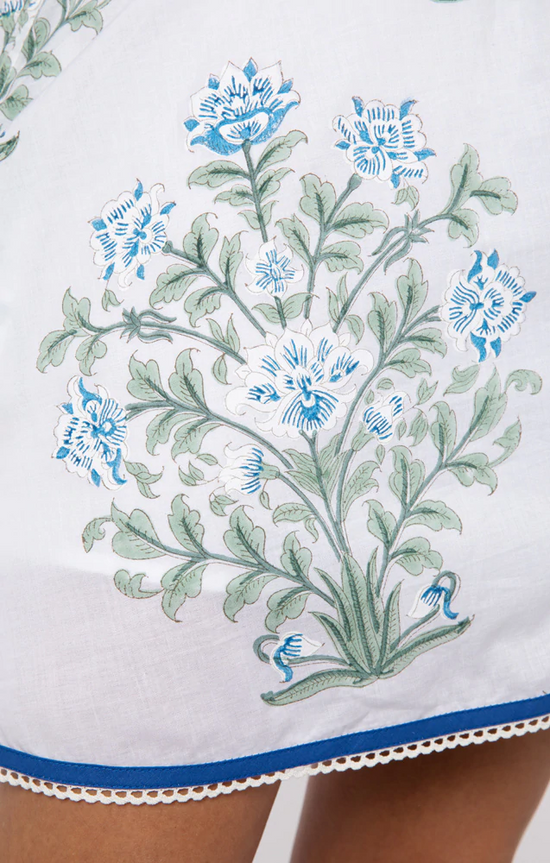 Raglan Shirt Dress In Japanese Flower Print-Slip White/Blue/Sage