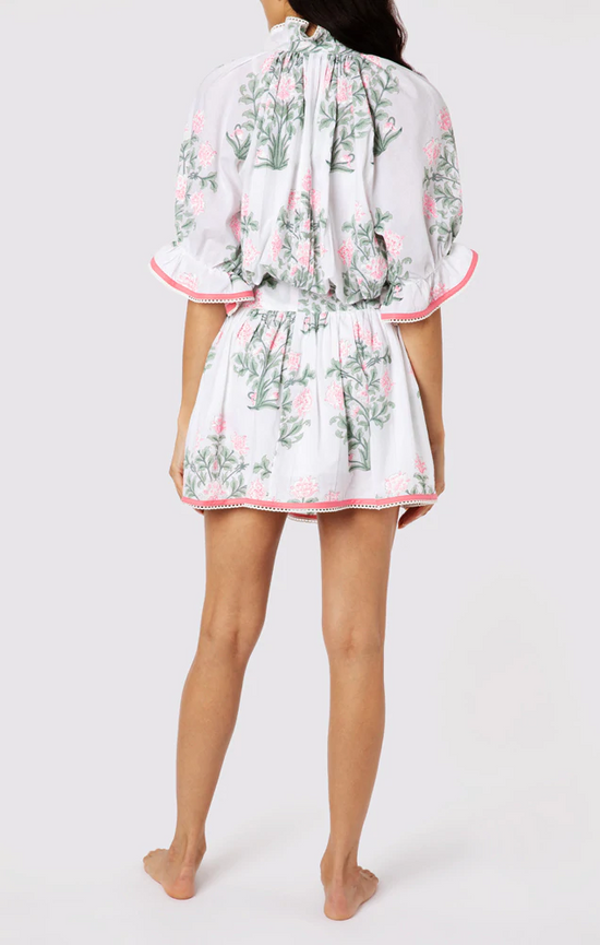 Blouson Dress In Japanese Flower Print With Slip White/Blue/Sage