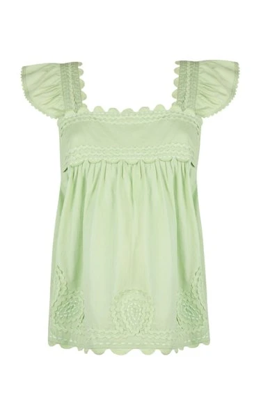 Poplin Baby Doll Top with Ric Rac Embroidery Sage - Top