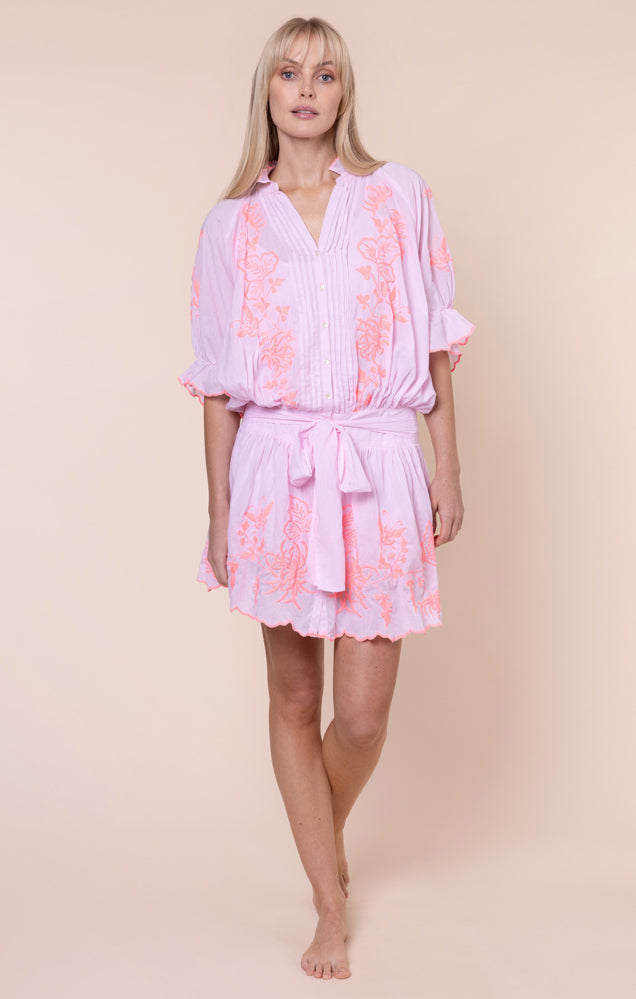 Blouson Dress with Butterfly Embroidery Petal Pink/Candy