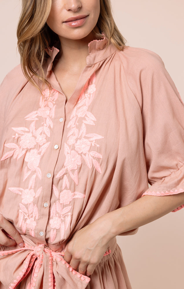 Load image into Gallery viewer, Blouson Dress with Floral Embroidery and Stitch Edging Bronze/Candy
