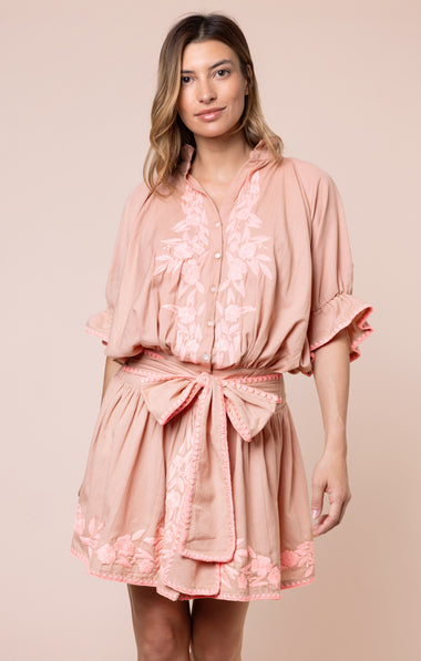 Blouson Dress with Floral Embroidery and Stitch Edging Bronze/Candy