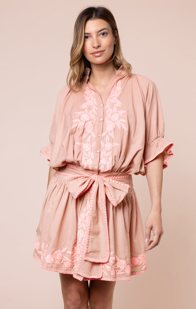 Load image into Gallery viewer, Blouson Dress with Floral Embroidery and Stitch Edging Bronze/Candy
