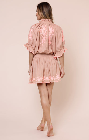 Blouson Dress with Floral Embroidery and Stitch Edging Bronze/Candy