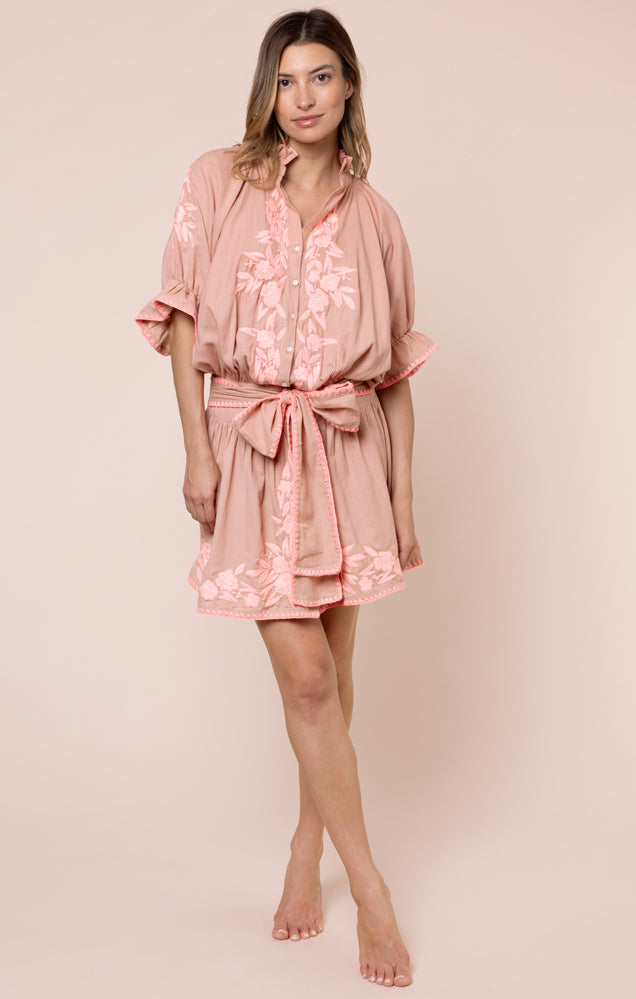 Load image into Gallery viewer, Blouson Dress with Floral Embroidery and Stitch Edging Bronze/Candy

