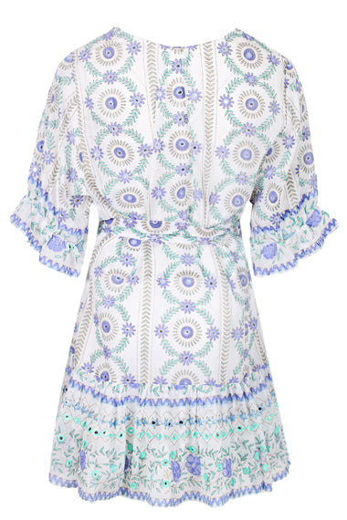 Mexican Print with Mirrors Tie Waist Mini Dress White/Blue