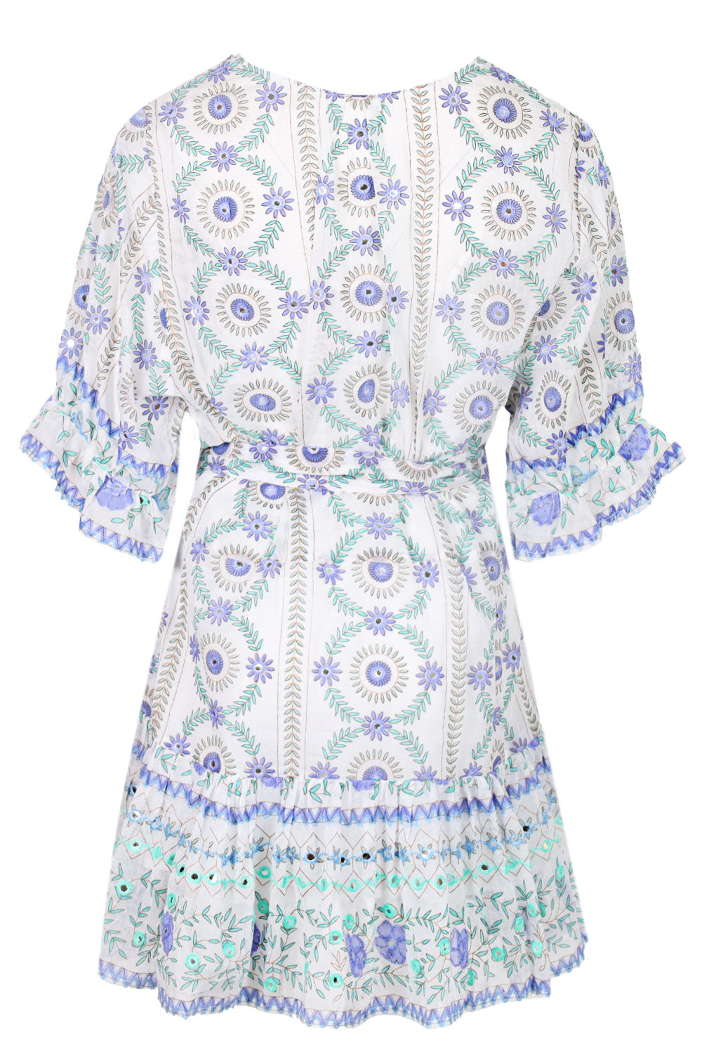 Load image into Gallery viewer, Mexican Print with Mirrors Tie Waist Mini Dress White/Blue
