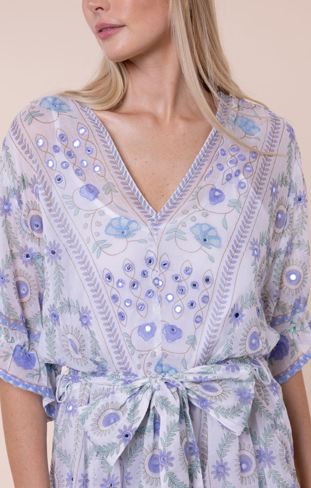 Load image into Gallery viewer, Mexican Print with Mirrors Tie Waist Mini Dress White/Blue
