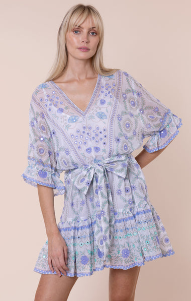 Mexican Print with Mirrors Tie Waist Mini Dress White/Blue
