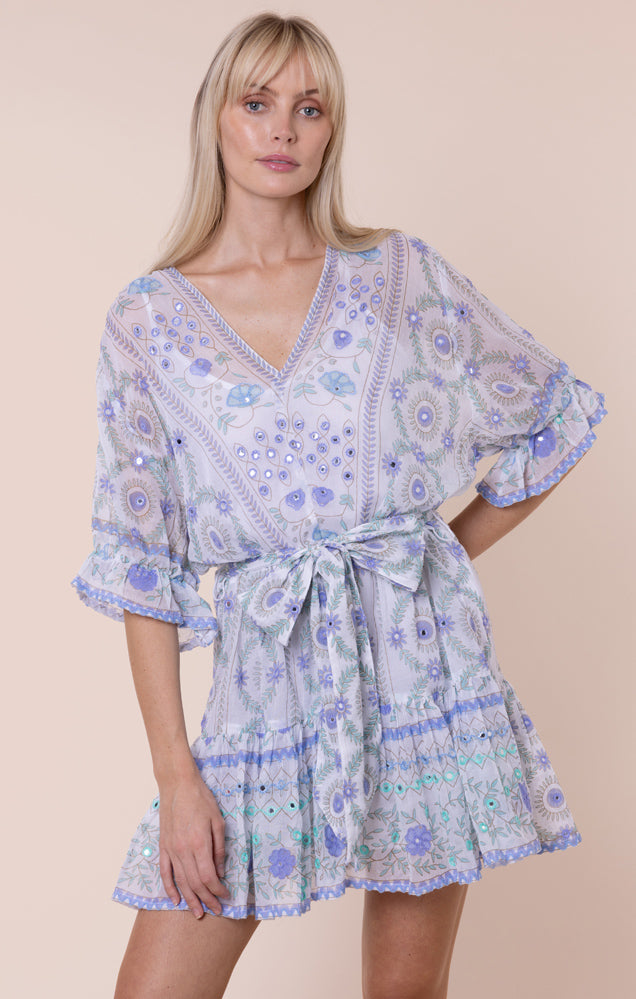 Load image into Gallery viewer, Mexican Print with Mirrors Tie Waist Mini Dress White/Blue
