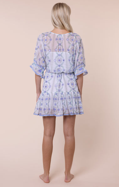 Mexican Print with Mirrors Tie Waist Mini Dress White/Blue