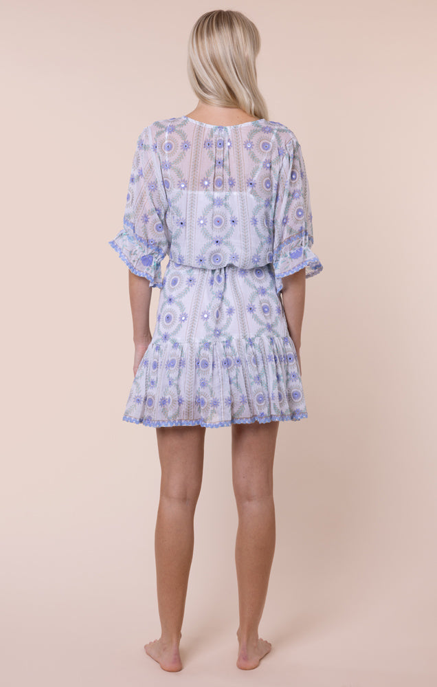 Load image into Gallery viewer, Mexican Print with Mirrors Tie Waist Mini Dress White/Blue
