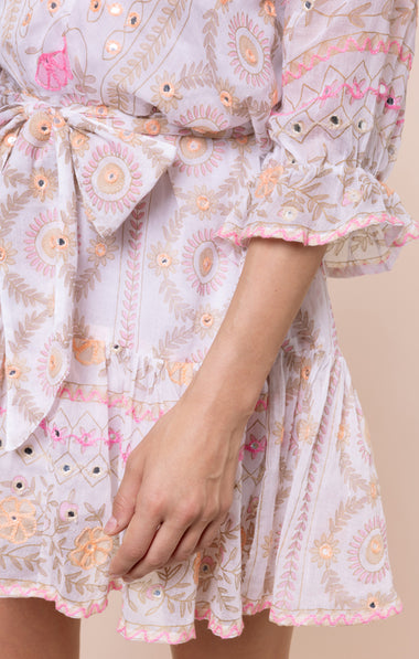 Mexican Print with Mirrors Tie Waist Mini Dress White/Pink